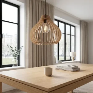 Elegant Taklampa i Naturligt Trä – Skulptural Droppformad Design